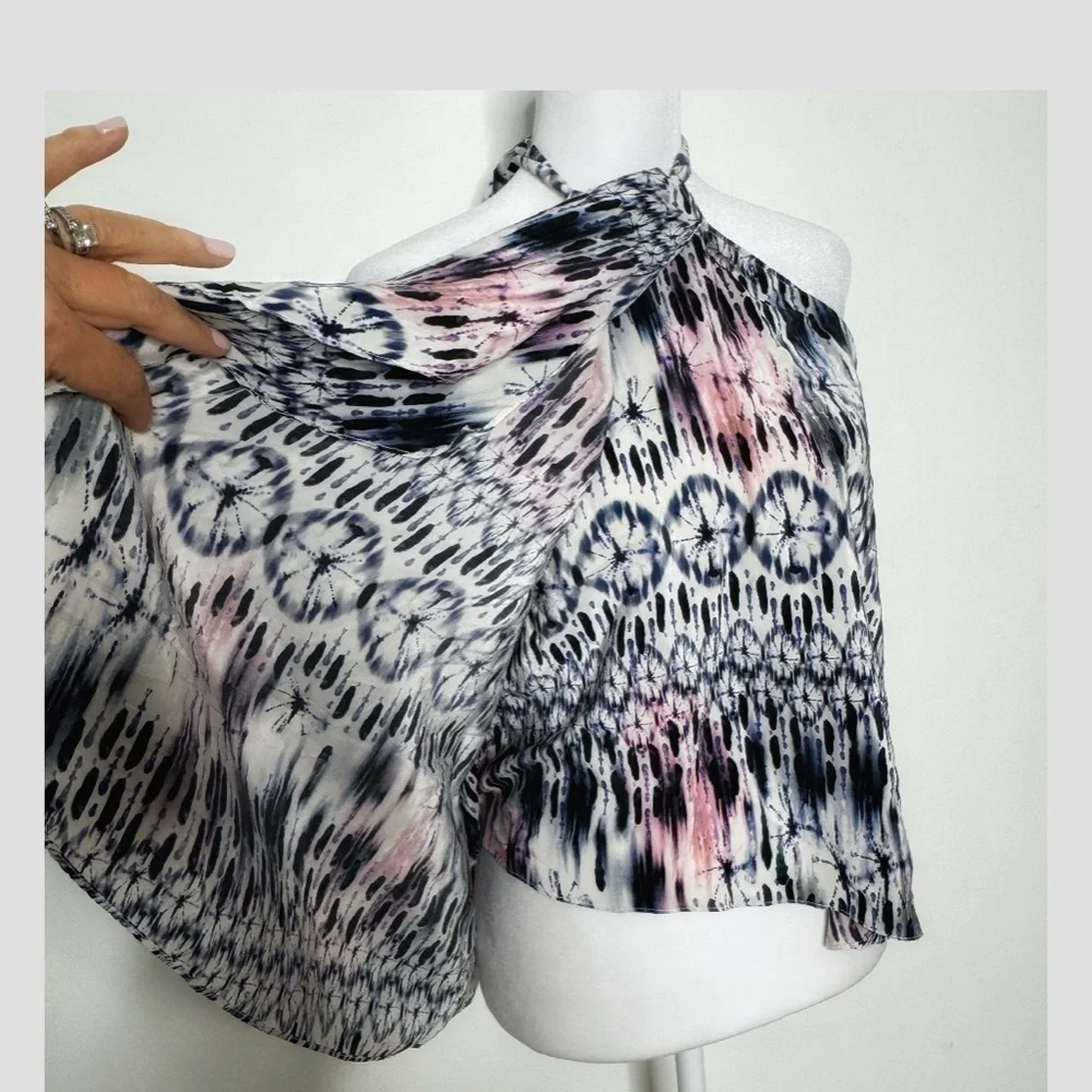 Amanda Uprichard Silk Top Halter Style Tie Neck Flyaway Styling Watercolor Print - Picture 7 of 12